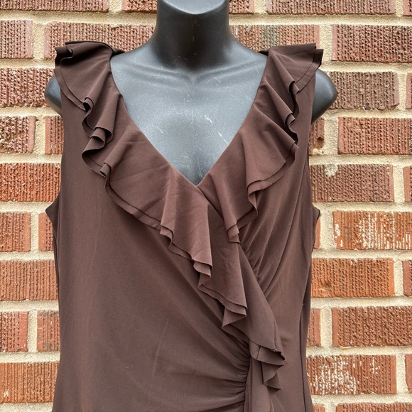 Lauren Ralph Lauren Knee Length Fully lined Sleeveless Ruffle Brown Dress Sz 12 - Picture 3 of 10